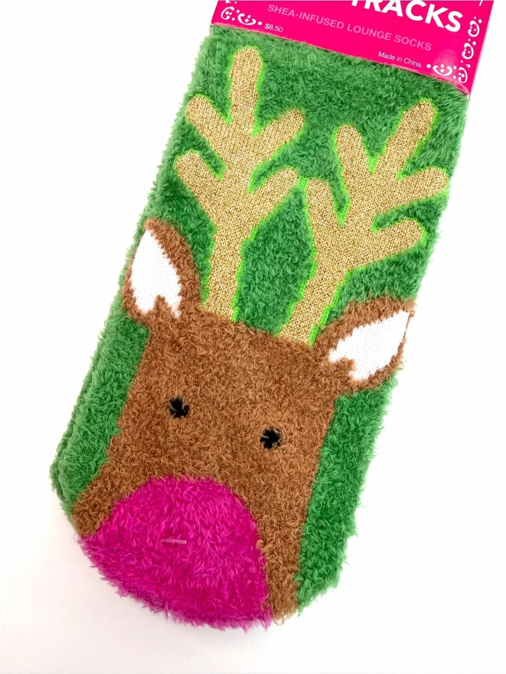 Bath & Body Works Pink Green Shea Infused Lounge Reindeer Socks